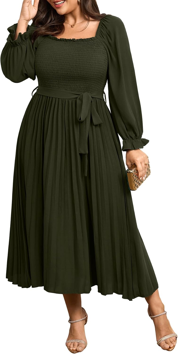 SHESTARR Women's Plus Size Maxi Dress Pleated Semi Formal Dress | Long Sleeve, Smocked Square Neck, Ruffle Pleated, Flowy, Wedding Guest, Cocktail, Semi Formal, Fall Dress