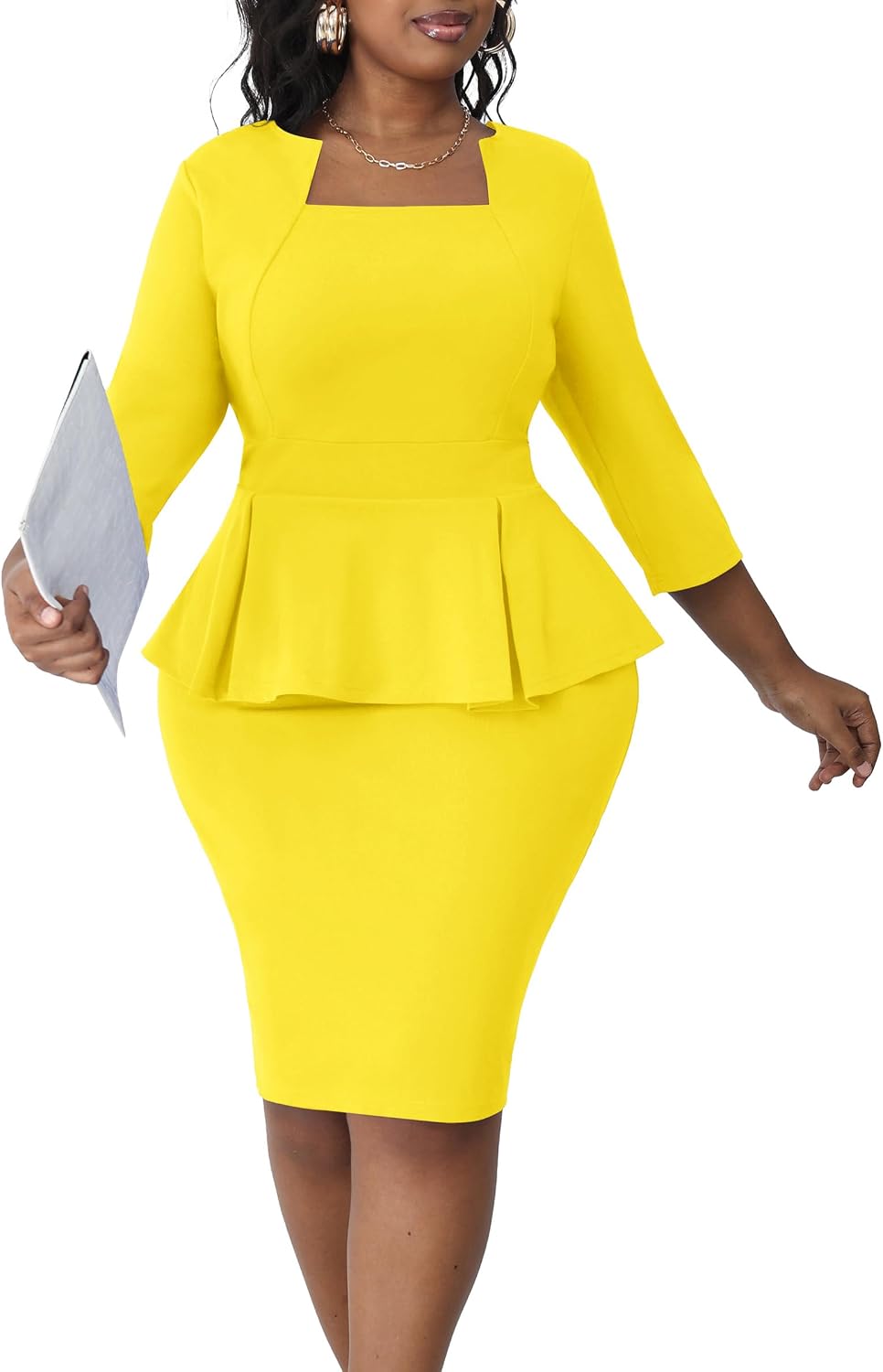 Runwind Plus Size Dresses Curvy Women Church Work Peplum Midi Pencil Dress | Ruffle waist to hide tummy, elegant business bodycon style, back zipper and 3\/4 sleeve, unique square neck spliced crewneck