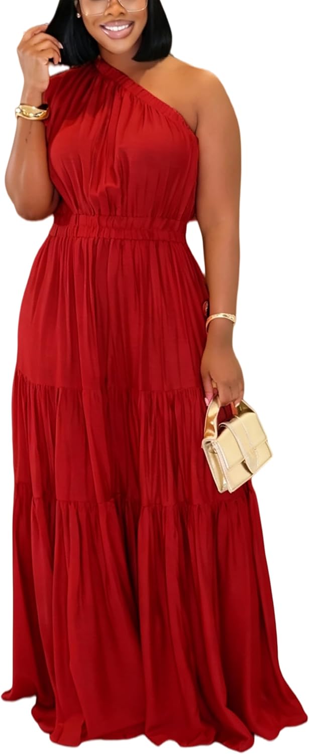 YUEWOO Casual Summer Dresses for Women One Shoulder Sleeveless Boho Beach Maxi Dress Flowy Long Sundresses Vacation Outfits