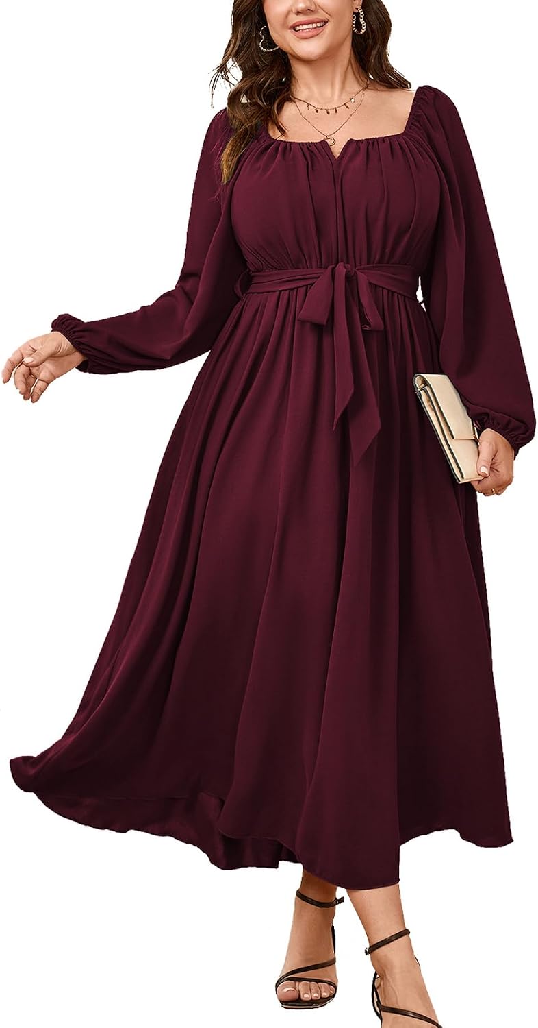 SCOMCHIC Women Plus Size Maxi Dress Long Sleeve Square Neck Flowy Dresses | Wedding Guest Cocktail Dress Elegant A Line Long Dresses Formal Evening Party Belted Fall Dress