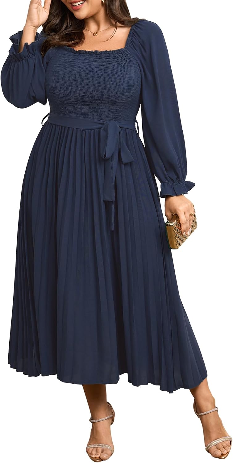 SHESTARR Women's Plus Size Maxi Dress Pleated Semi Formal Dress | Long Sleeve, Smocked Square Neck, Ruffle Pleated, Flowy, Wedding Guest, Cocktail, Semi Formal, Fall Dress
