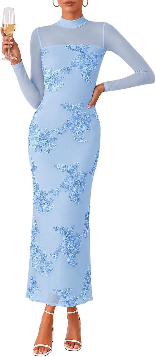 Lazysmile Women's Cocktail Long Sleeve Maxi Fall Wedding Guest Dress | Floral Mesh, Mock Neck Long Sleeve, Bodycon Maxi Dress, Semi Formal Dinner Dress, Wedding Guest Cocktail Party Dresses