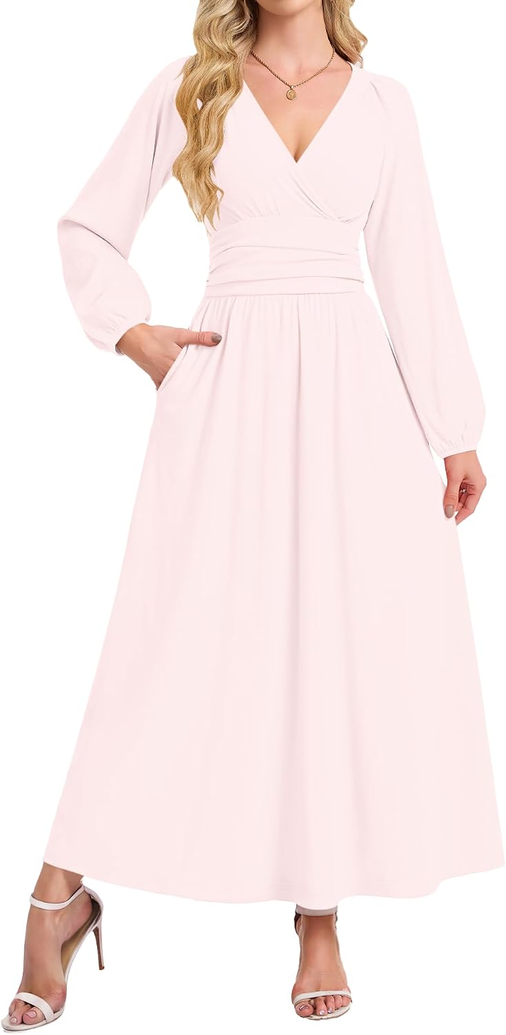 AUSELILY Womens Long Sleeve Maxi Dresses Fall Winter Wrap Formal Dress | Thick Heavy Smocked Empire Waist V-Neck Wrap Wedding Guest Christmas Cocktail Church Funeral Vacation dress with Pockets