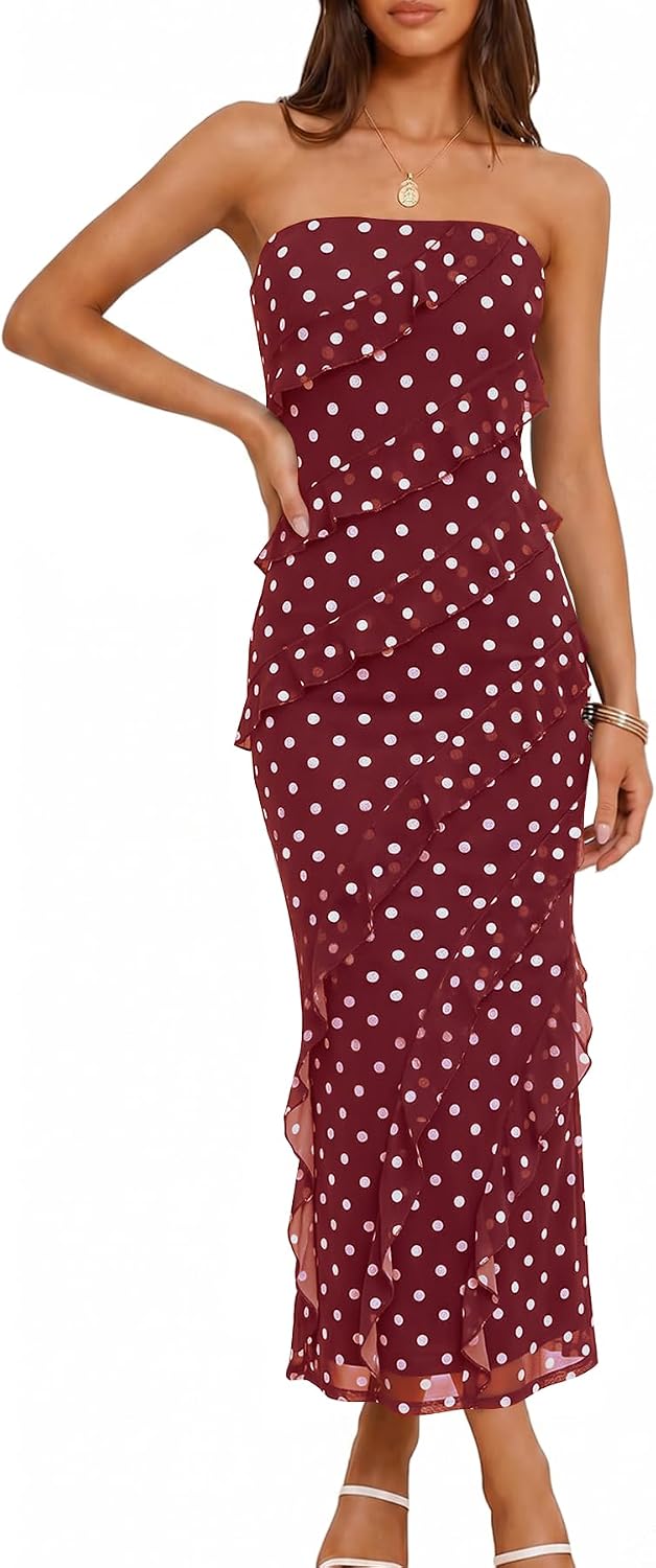 Muchpow Womens Strapless Polka Dot Ruffle Mesh Maxi Wedding Guest Dress | Lined Off Shoulder Back Slit Bodycon Dress, Stretchy Cocktail Party Rehearsal Dinner Going Out Vacation Long Dresses