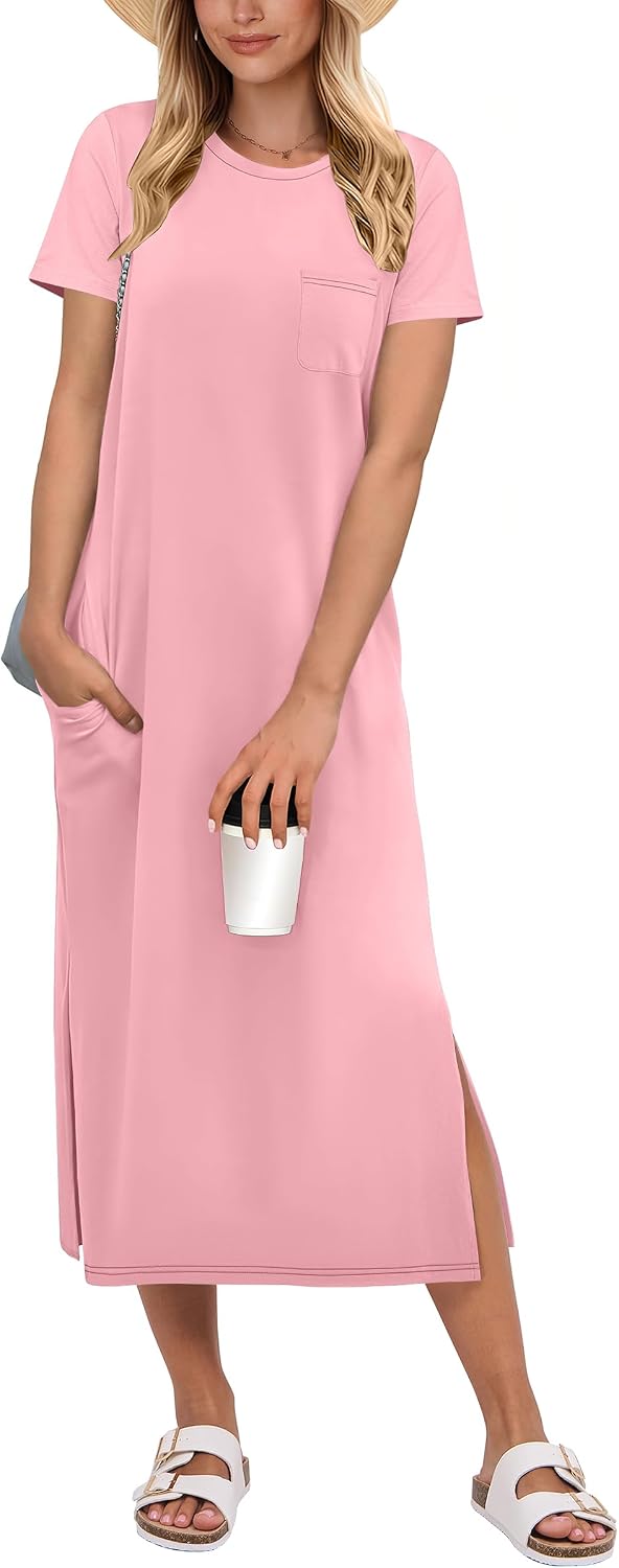 ANRABESS Womens Midi Dress,Summer Long Tshirts Dresses,Short Sleeve Split Stripe,Comfy Travel Beach Vacation Casual Wear