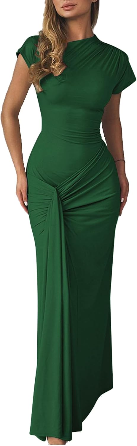 Mojessy Women Bodycon Maxi Dress Sexy Mock Neck Lace Up Bandage Ruched Short Sleeve Long Dress Cocktail Dress