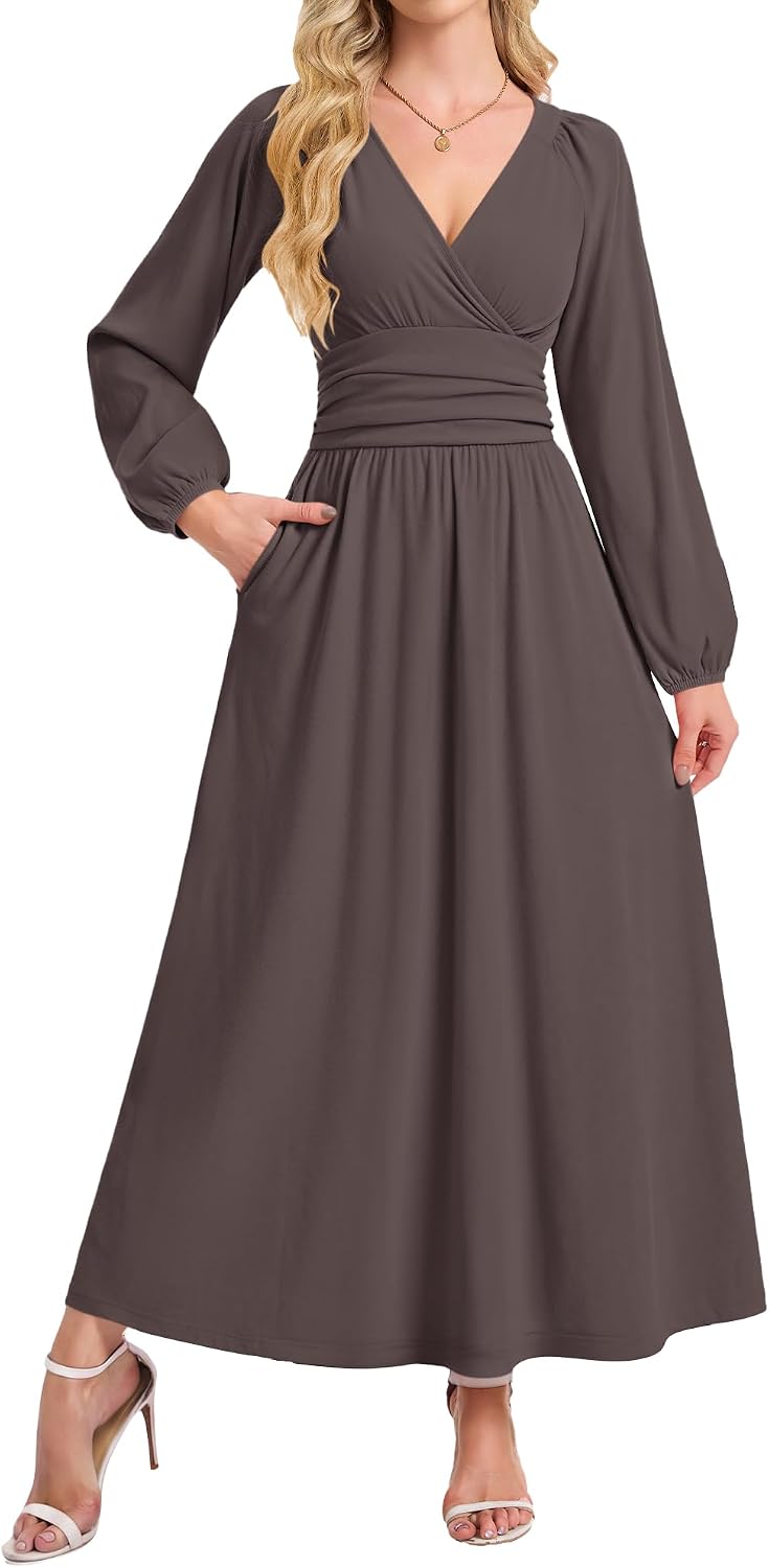 AUSELILY Womens Long Sleeve Maxi Dresses Fall Winter Wrap Formal Dress | Thick Heavy Smocked Empire Waist V-Neck Wrap Wedding Guest Christmas Cocktail Church Funeral Vacation dress with Pockets