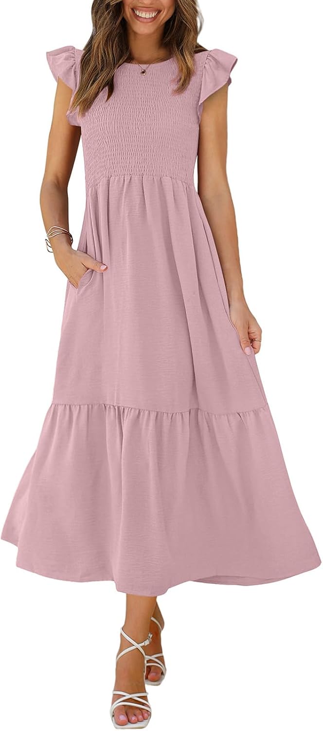 OFEEFAN Women's Casual Maxi Dresses with Pockets Ruffle Sleeve Smocked Dress XS-2XL