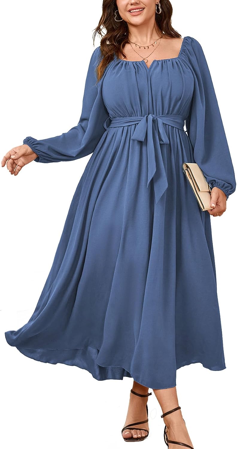 SCOMCHIC Women Plus Size Maxi Dress Long Sleeve Square Neck Flowy Dresses | Wedding Guest Cocktail Dress Elegant A Line Long Dresses Formal Evening Party Belted Fall Dress