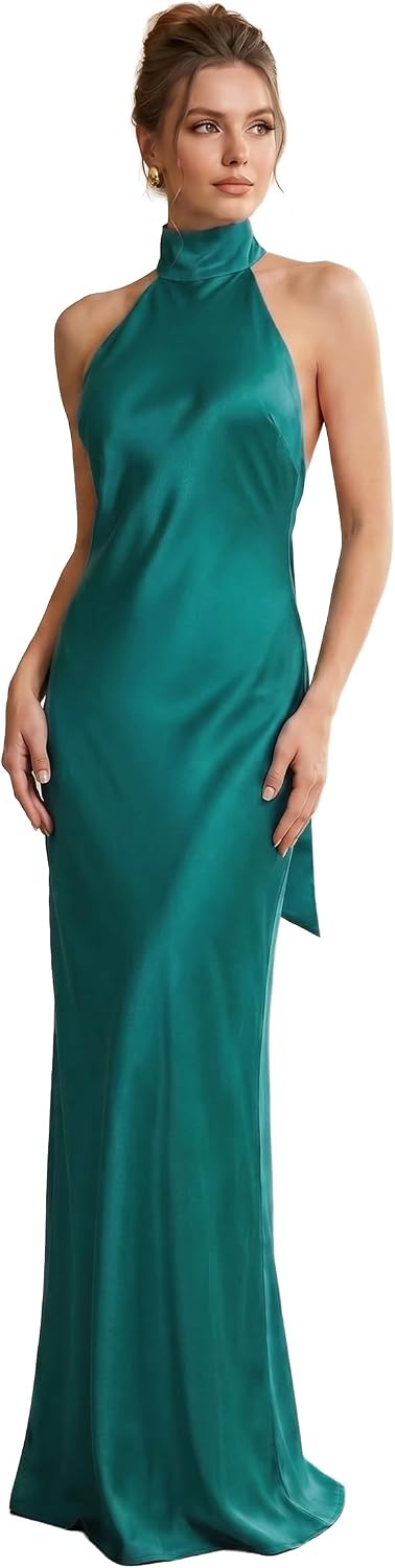 Froxima Women's Satin Halter Dress, High Neck Backless Maxi Formal Gown | Satin Wedding Guest Dress with Halter Neck for Formal Evenings, Cocktail Parties, Galas, Prom and Rehearsal Dinners
