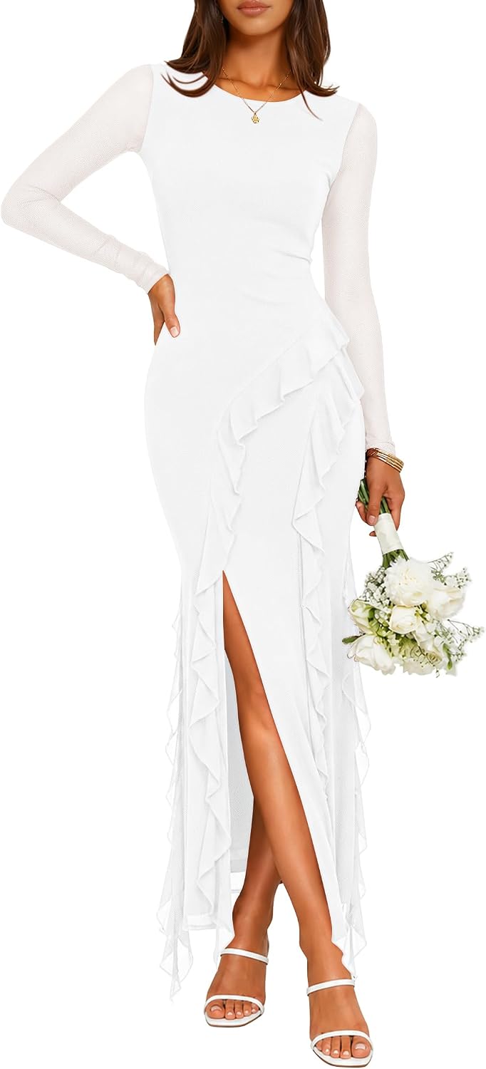 ZESICA Womens Fall Long Sleeve Mesh Bodycon Wedding Guest Maxi Dresses | Asymmetric Ruffle Hem, Side Slit, Sheer Mesh Sleeve, Formal Cocktail Party Dress, Date Night Outfit, Elegant Evening Dress