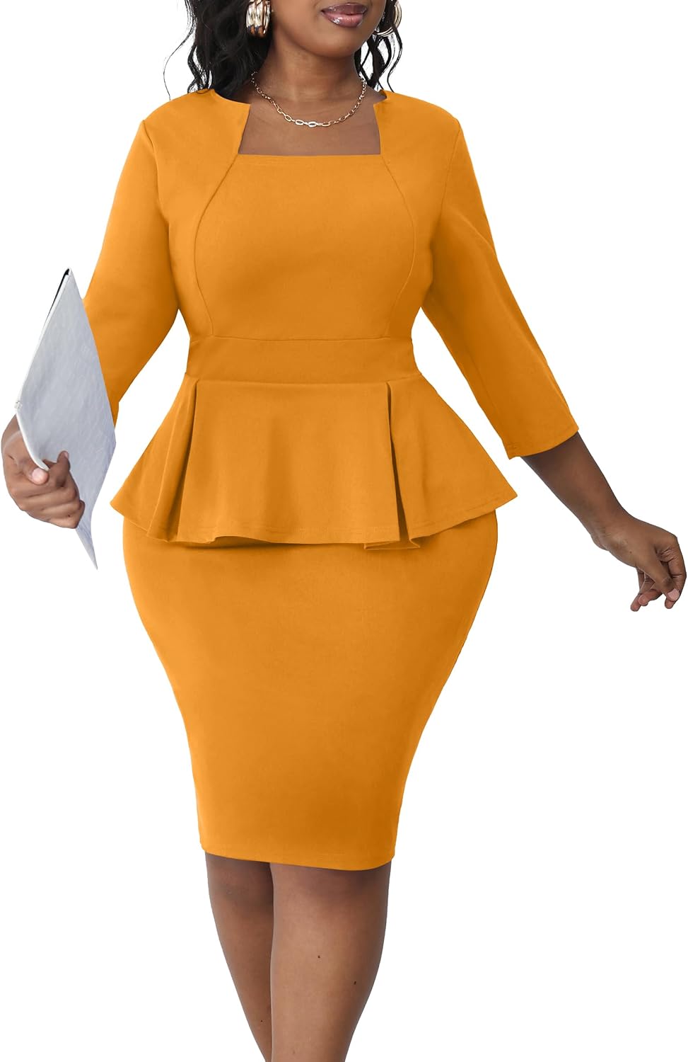 Runwind Plus Size Dresses Curvy Women Church Work Peplum Midi Pencil Dress | Ruffle waist to hide tummy, elegant business bodycon style, back zipper and 3\/4 sleeve, unique square neck spliced crewneck