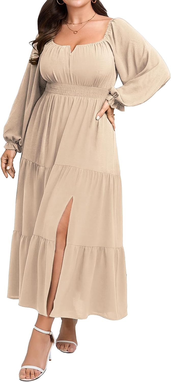 SCOMCHIC Womens Plus Size Formal Dress Fall Long Sleeve Square Neck Flowy A Line Tiered Side Split Wedding Guest Maxi Dress
