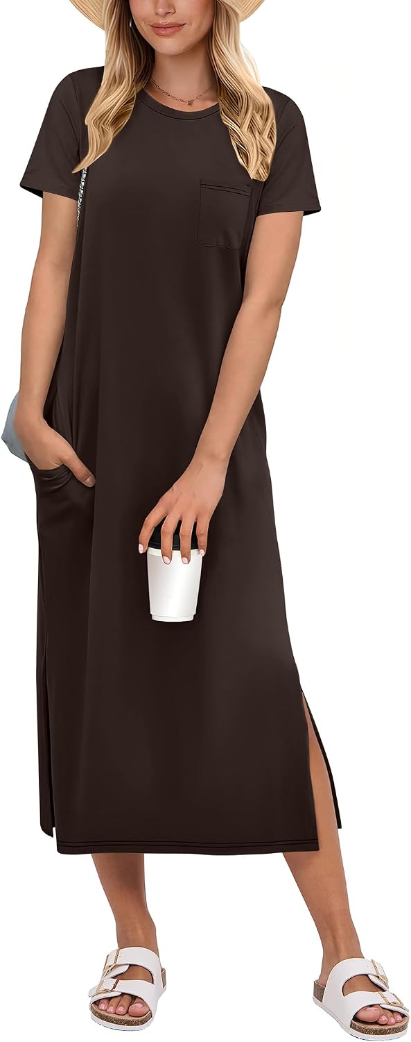 ANRABESS Womens Midi Dress,Summer Long Tshirts Dresses,Short Sleeve Split Stripe,Comfy Travel Beach Vacation Casual Wear
