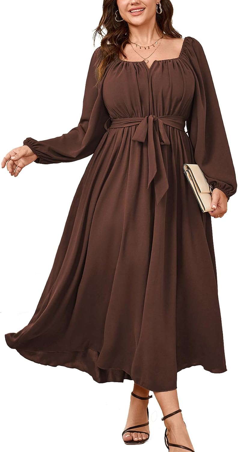 SCOMCHIC Women Plus Size Maxi Dress Long Sleeve Square Neck Flowy Dresses | Wedding Guest Cocktail Dress Elegant A Line Long Dresses Formal Evening Party Belted Fall Dress