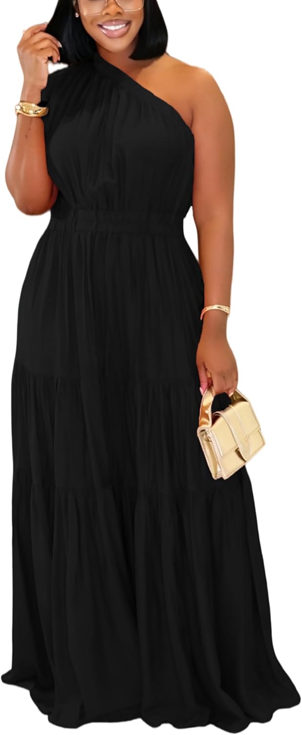 YUEWOO Casual Summer Dresses for Women One Shoulder Sleeveless Boho Beach Maxi Dress Flowy Long Sundresses Vacation Outfits