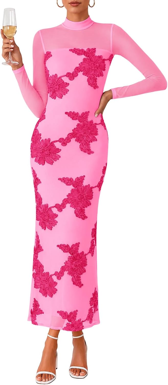 Lazysmile Women's Cocktail Long Sleeve Maxi Fall Wedding Guest Dress | Floral Mesh, Mock Neck Long Sleeve, Bodycon Maxi Dress, Semi Formal Dinner Dress, Wedding Guest Cocktail Party Dresses