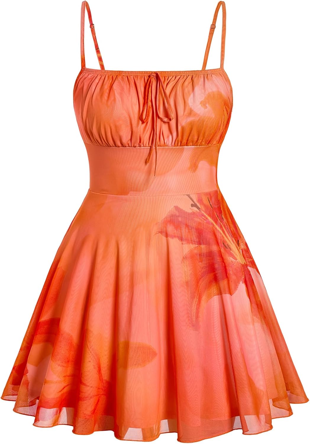 WDIRARA Women's Plus Size Floral Print Mesh Cami Dress | Tie Front, Ruffle Hem, A Line