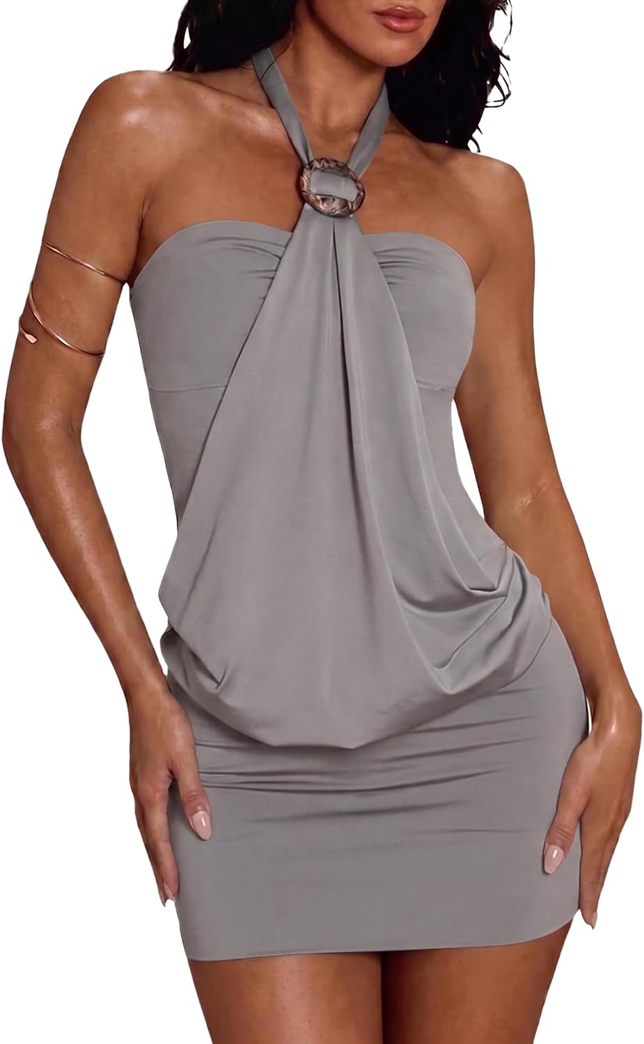 Women's Halter Mini Dress Y2K Ruffle Backless Sleeveless Bodycon Going Out Dress Western Club Party Button Sexy Dresses