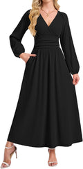 AUSELILY Womens Long Sleeve Maxi Dresses Fall Winter Wrap Formal Dress | Thick Heavy Smocked Empire Waist V-Neck Wrap Wedding Guest Christmas Cocktail Church Funeral Vacation dress with Pockets