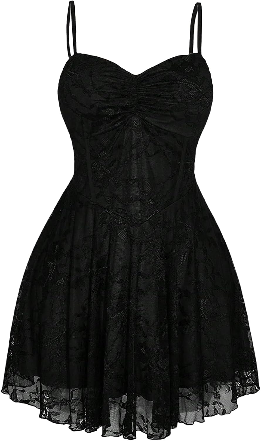 BEAUDRM Women's Plus Size Lace Gothic Dress Goth Grunge Mini Dress Ruffle Short Sundresses