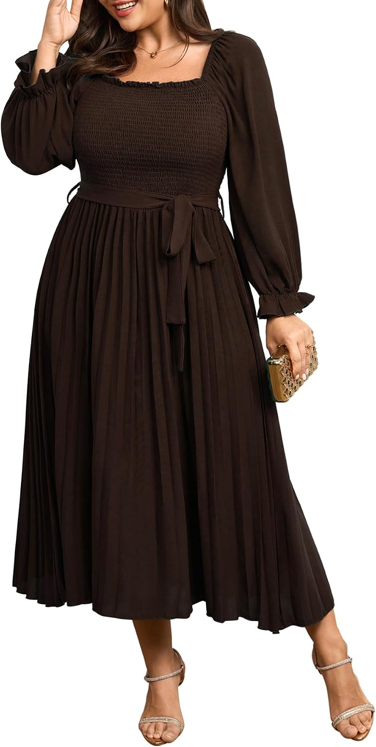 SHESTARR Women's Plus Size Maxi Dress Pleated Semi Formal Dress | Long Sleeve, Smocked Square Neck, Ruffle Pleated, Flowy, Wedding Guest, Cocktail, Semi Formal, Fall Dress