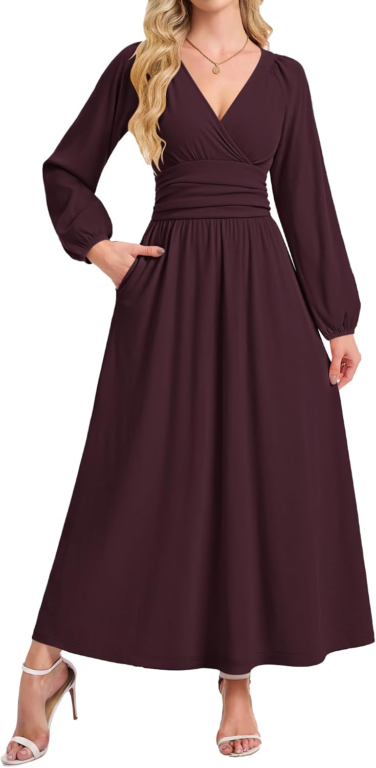AUSELILY Womens Long Sleeve Maxi Dresses Fall Winter Wrap Formal Dress | Thick Heavy Smocked Empire Waist V-Neck Wrap Wedding Guest Christmas Cocktail Church Funeral Vacation dress with Pockets