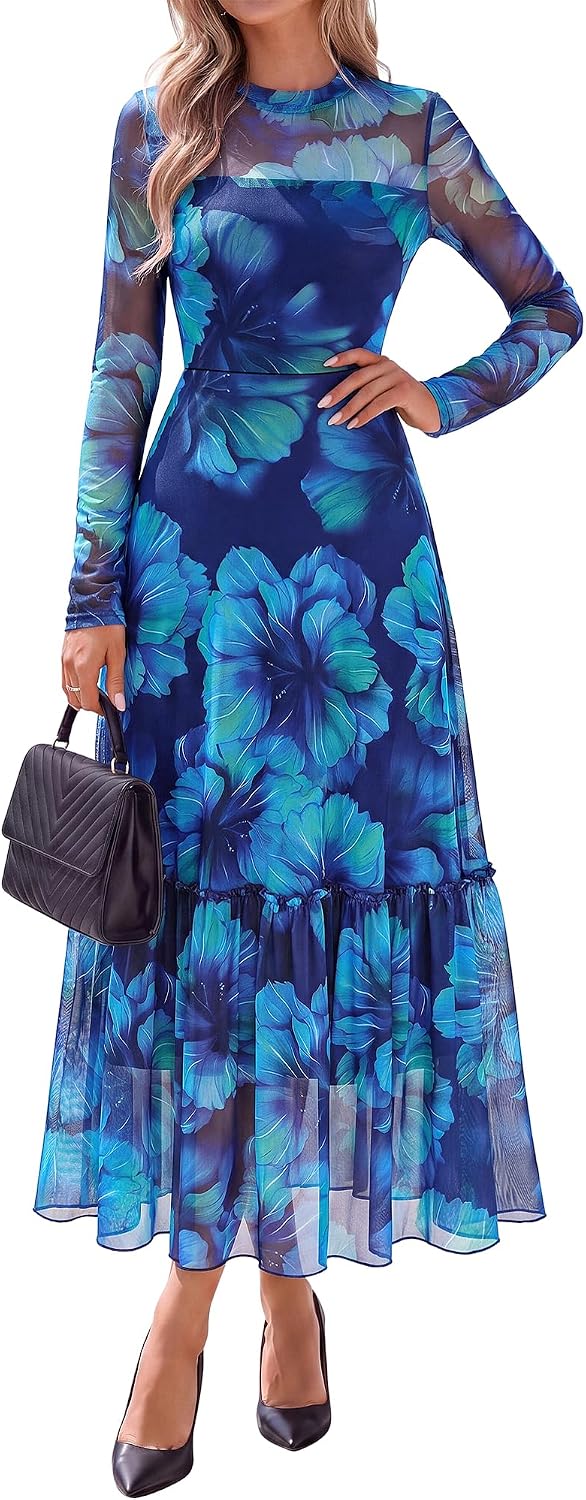 BTFBM Boho Mesh Long Sleeve Dress for Women | Mock Neck, Floral, A Line, Tiered, Baby Shower, Graduation, Wedding, Cocktail Maxi Dresses, 2026 Fall Fashion, Resort Wear