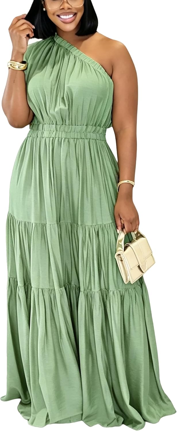 YUEWOO Casual Summer Dresses for Women One Shoulder Sleeveless Boho Beach Maxi Dress Flowy Long Sundresses Vacation Outfits