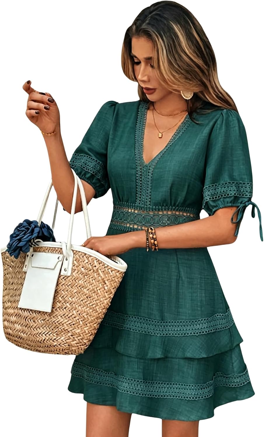 SOLY HUX Women's Summer Dress Lace Short Sleeve A Line Layered Short Dress | Hollow Out, ,V Neck, Puff Sleeve, Mini Dresses