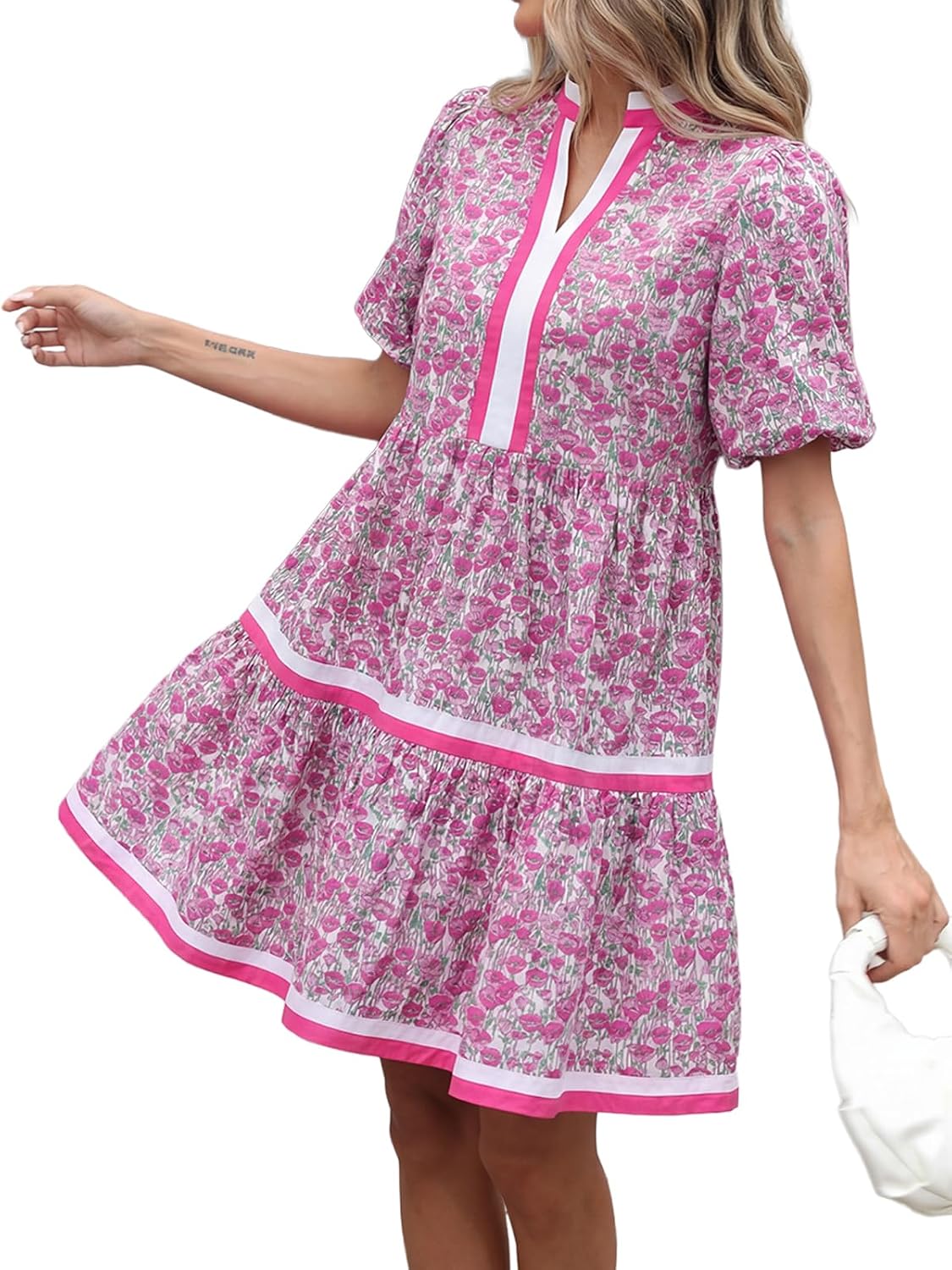 Women Floral Babydoll Mini Dress V Neck Puff Sleeve Striped Color Block Sundress