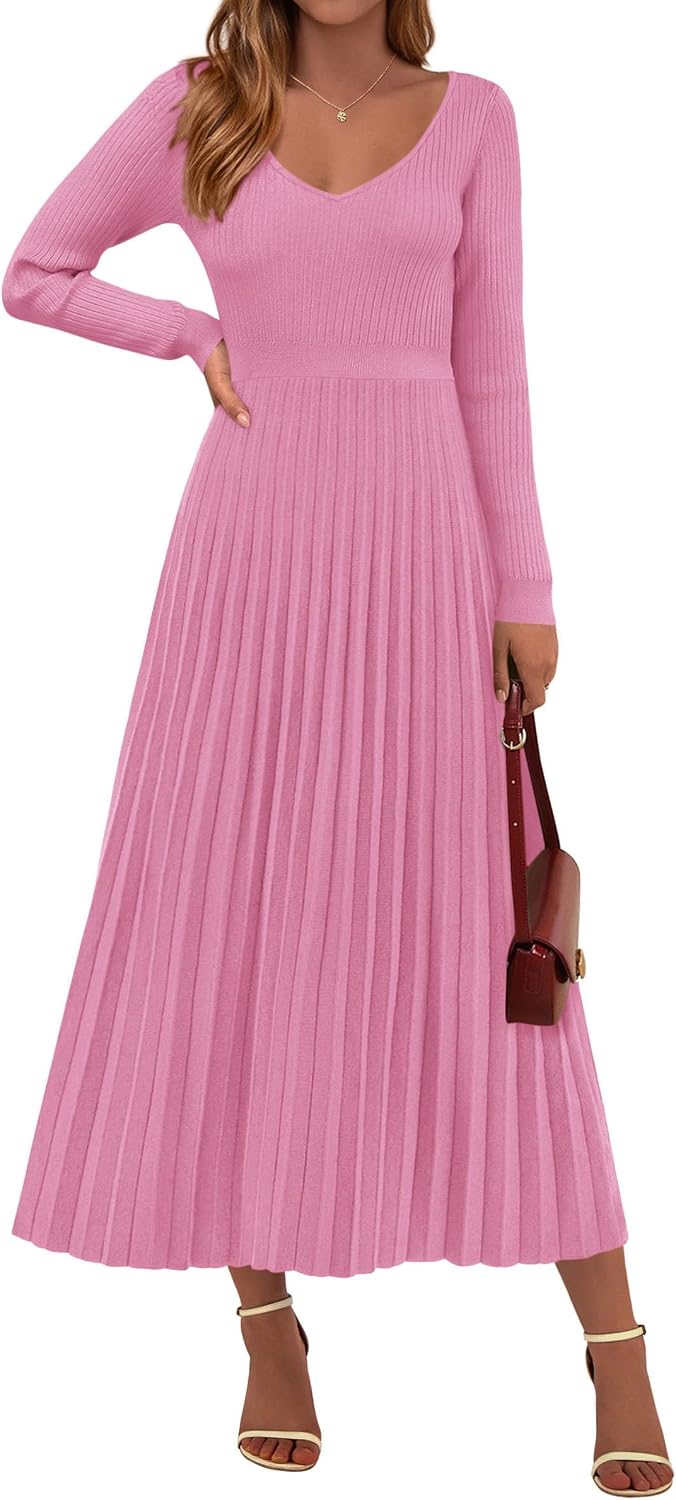 PRETTYGARDEN Sweater Dress Women Long Sleeve Maxi Flowy Pleated Dresses | Cozy Ribbed Knit, Swing A Line, Elegant Fall Outfits for Wedding Guest, Holiday Party, Date Night, Winter Office Work Clothes