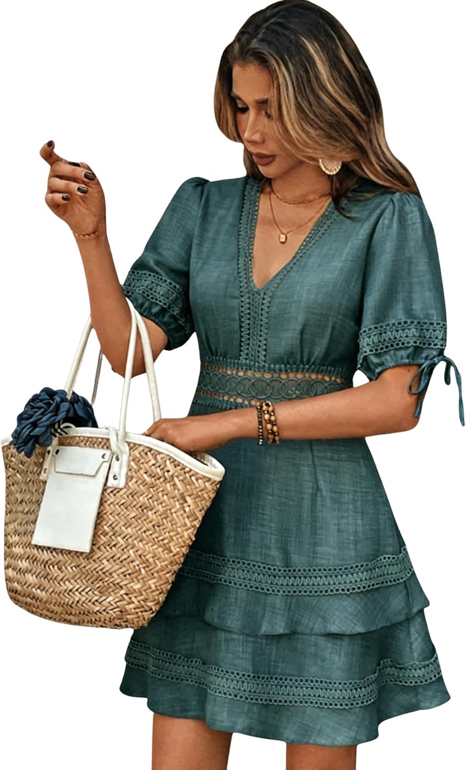 SOLY HUX Women's Summer Dress Lace Short Sleeve A Line Layered Short Dress | Hollow Out, ,V Neck, Puff Sleeve, Mini Dresses