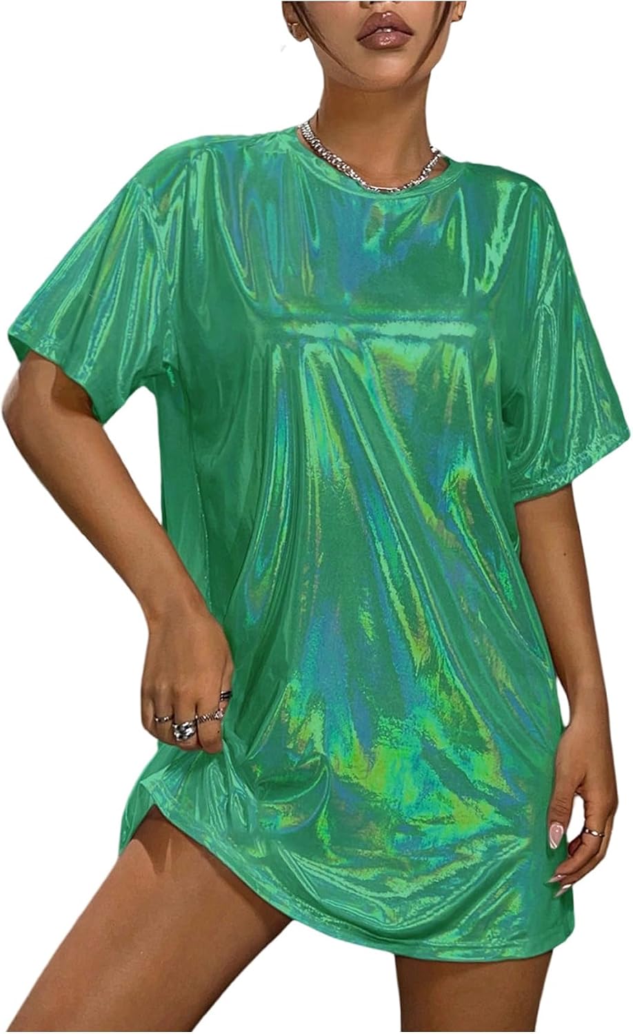 SHENHE Women's Y2k Shiny Holographic Metallic Disco Oversized Tshirt Dress | Short Sleeve,Party Disco Dress,Drop Shoulder,Shimmer Dress