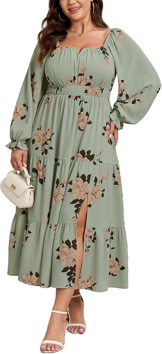 SCOMCHIC Womens Plus Size Formal Dress Fall Long Sleeve Square Neck Flowy A Line Tiered Side Split Wedding Guest Maxi Dress