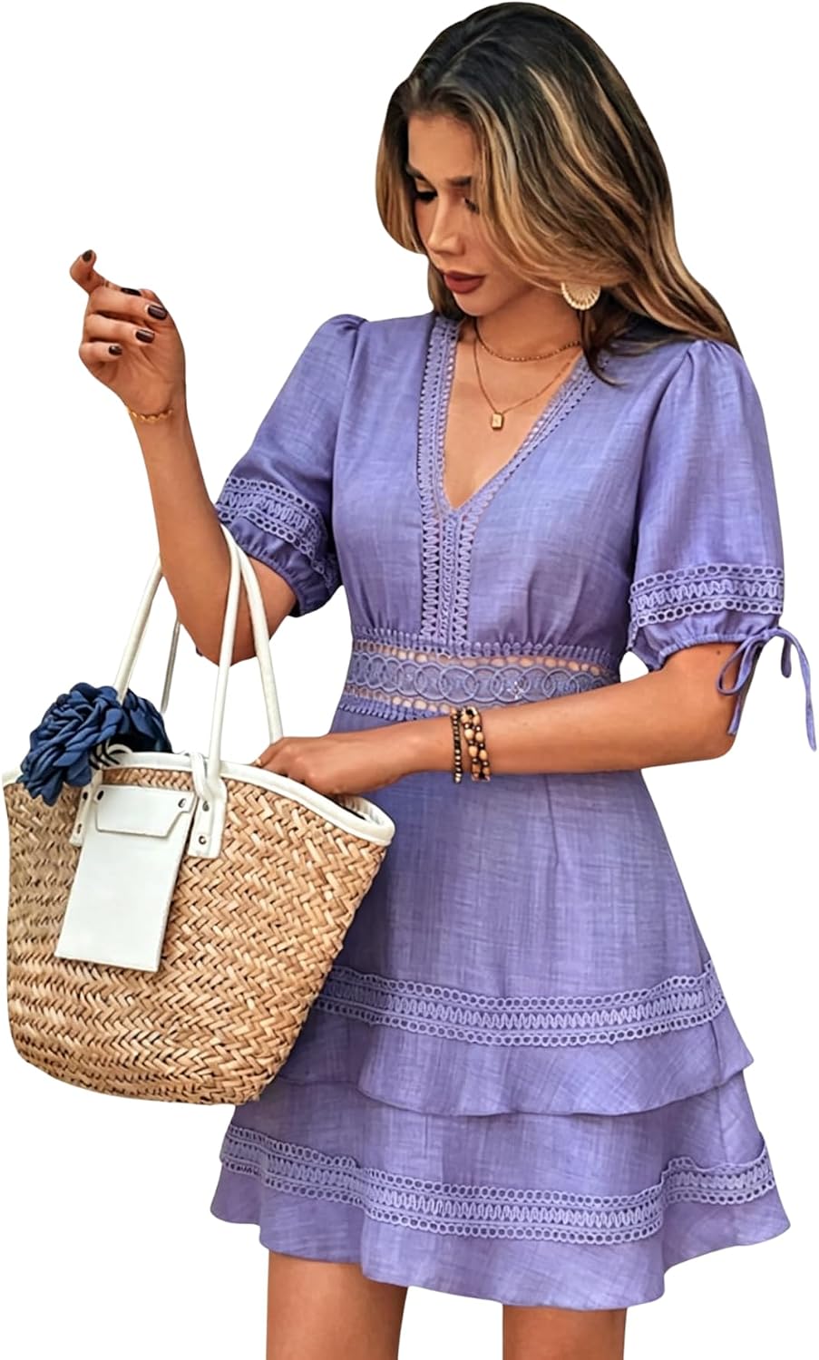 SOLY HUX Women's Summer Dress Lace Short Sleeve A Line Layered Short Dress | Hollow Out, ,V Neck, Puff Sleeve, Mini Dresses