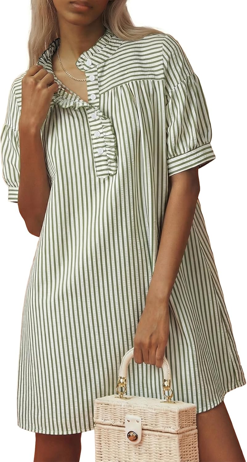 BLENCOT Summer Dresses for Women Puff Sleeve Striped Button Mini Dress | Dressy Casual Dresses, Women's Button Front Ruffle Collar Dress With Pockets Outfit for Work Vacation School