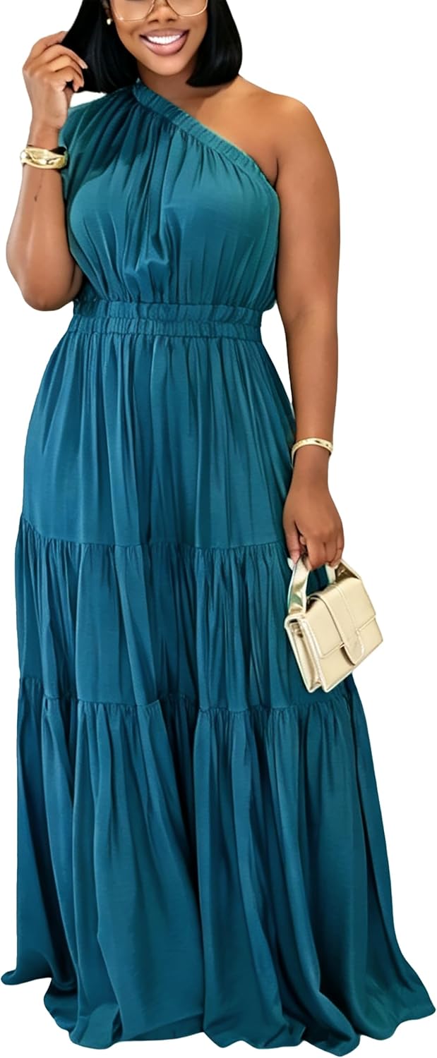 YUEWOO Casual Summer Dresses for Women One Shoulder Sleeveless Boho Beach Maxi Dress Flowy Long Sundresses Vacation Outfits