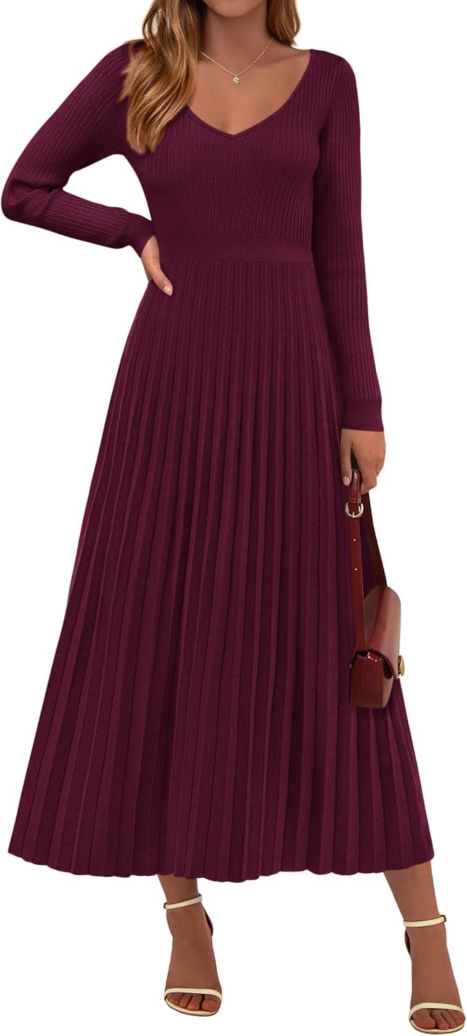 PRETTYGARDEN Sweater Dress Women Long Sleeve Maxi Flowy Pleated Dresses | Cozy Ribbed Knit, Swing A Line, Elegant Fall Outfits for Wedding Guest, Holiday Party, Date Night, Winter Office Work Clothes