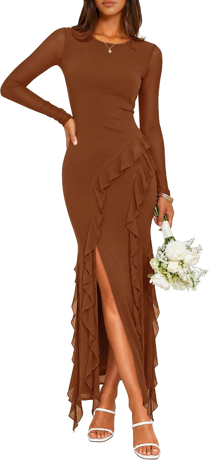 ZESICA Womens Fall Long Sleeve Mesh Bodycon Wedding Guest Maxi Dresses | Asymmetric Ruffle Hem, Side Slit, Sheer Mesh Sleeve, Formal Cocktail Party Dress, Date Night Outfit, Elegant Evening Dress