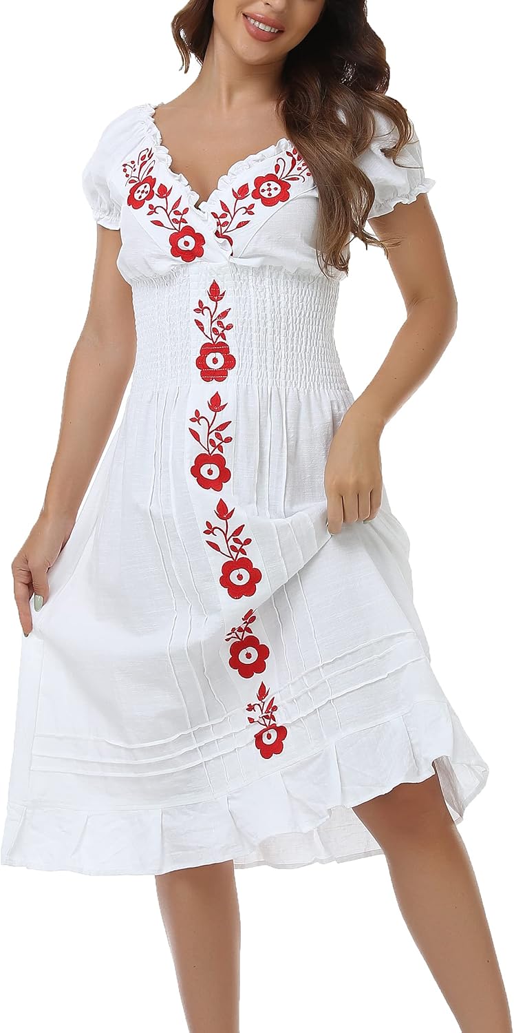 YZXDORWJ Women Mexican Embroidered Casual Dress Summer Ruffle V Neck Short Sleeves