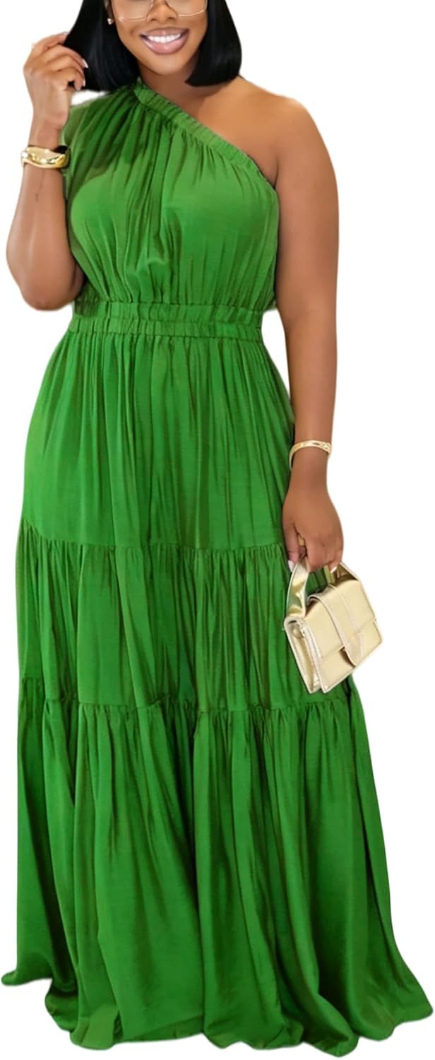 YUEWOO Casual Summer Dresses for Women One Shoulder Sleeveless Boho Beach Maxi Dress Flowy Long Sundresses Vacation Outfits