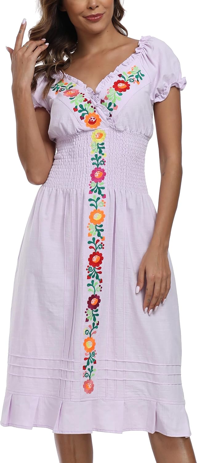 YZXDORWJ Women Mexican Embroidered Casual Dress Summer Ruffle V Neck Short Sleeves