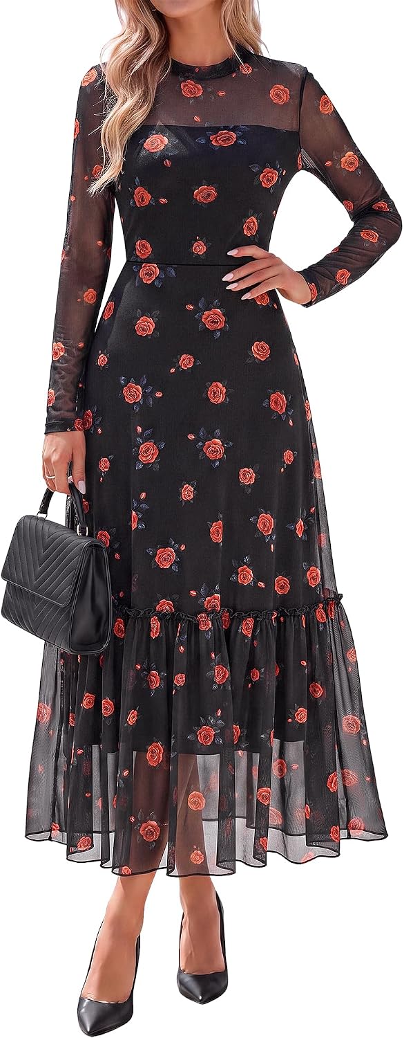 BTFBM Boho Mesh Long Sleeve Dress for Women | Mock Neck, Floral, A Line, Tiered, Baby Shower, Graduation, Wedding, Cocktail Maxi Dresses, 2026 Fall Fashion, Resort Wear