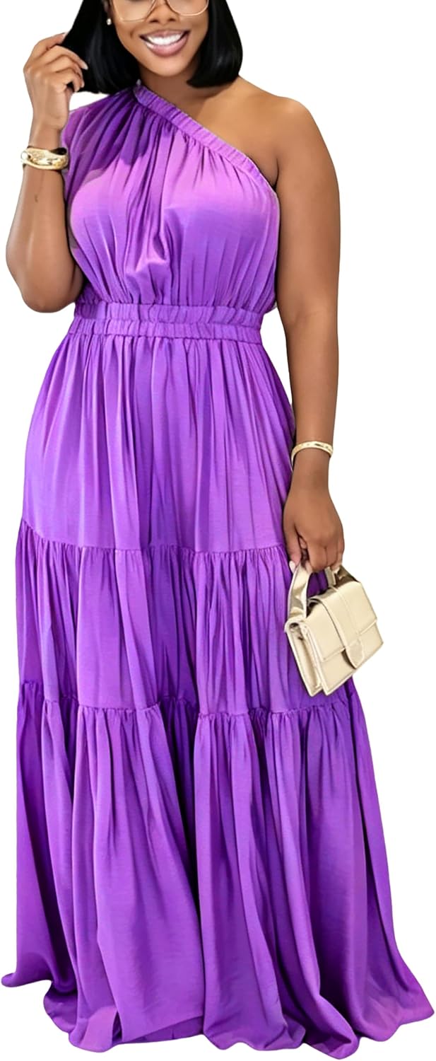 YUEWOO Casual Summer Dresses for Women One Shoulder Sleeveless Boho Beach Maxi Dress Flowy Long Sundresses Vacation Outfits