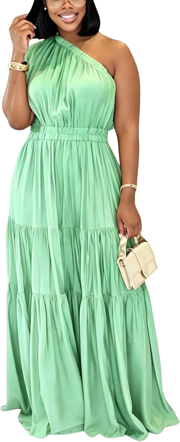 YUEWOO Casual Summer Dresses for Women One Shoulder Sleeveless Boho Beach Maxi Dress Flowy Long Sundresses Vacation Outfits