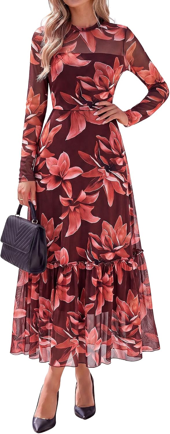 BTFBM Boho Mesh Long Sleeve Dress for Women | Mock Neck, Floral, A Line, Tiered, Baby Shower, Graduation, Wedding, Cocktail Maxi Dresses, 2026 Fall Fashion, Resort Wear