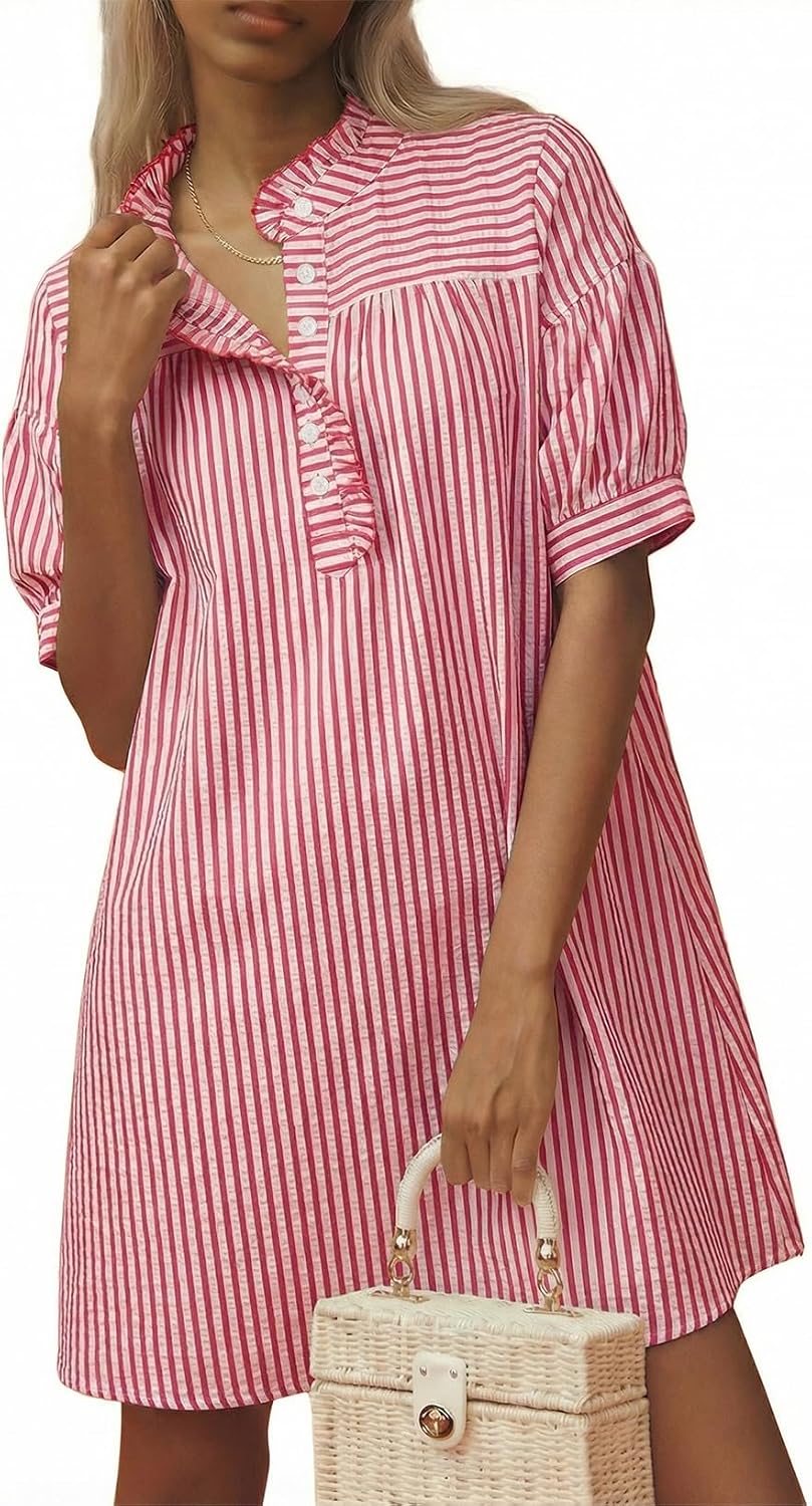 BLENCOT Summer Dresses for Women Puff Sleeve Striped Button Mini Dress | Dressy Casual Dresses, Women's Button Front Ruffle Collar Dress With Pockets Outfit for Work Vacation School