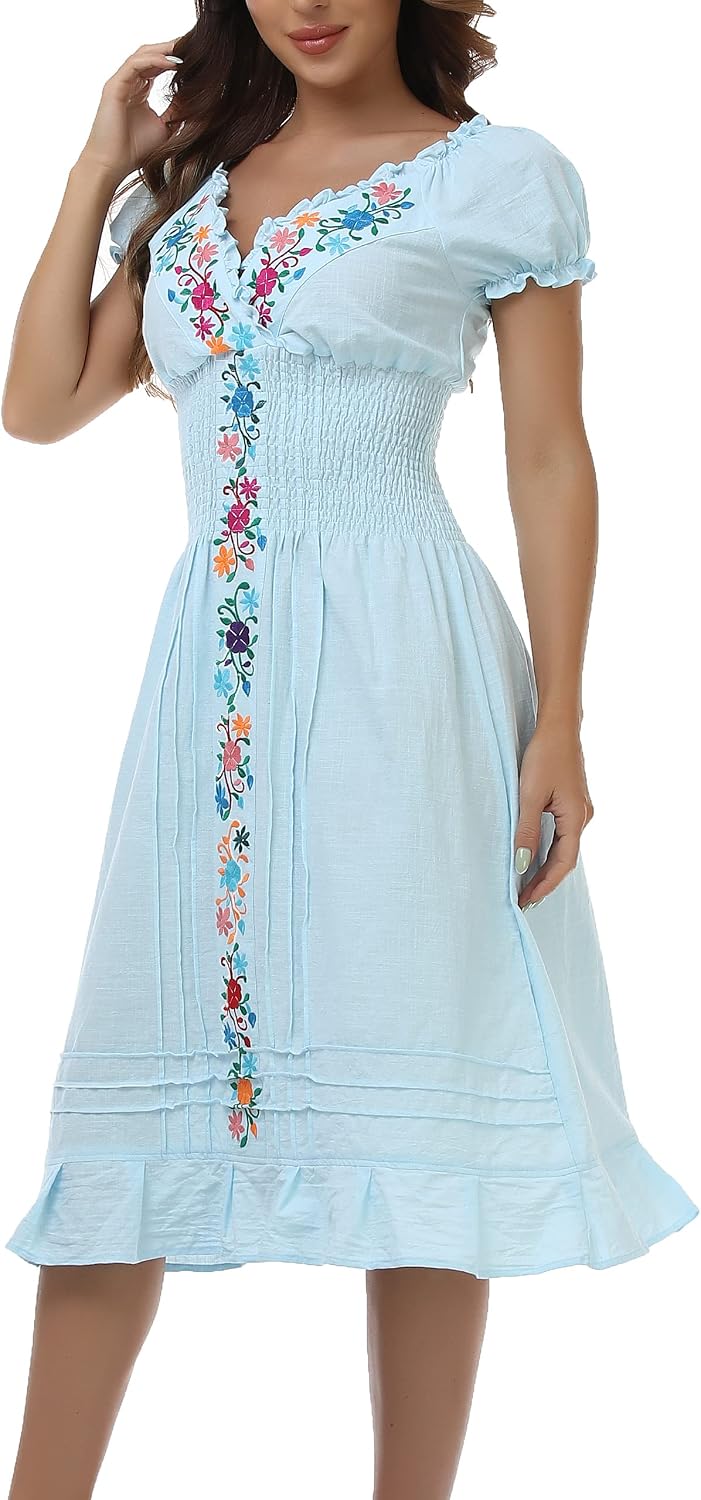 YZXDORWJ Women Mexican Embroidered Casual Dress Summer Ruffle V Neck Short Sleeves