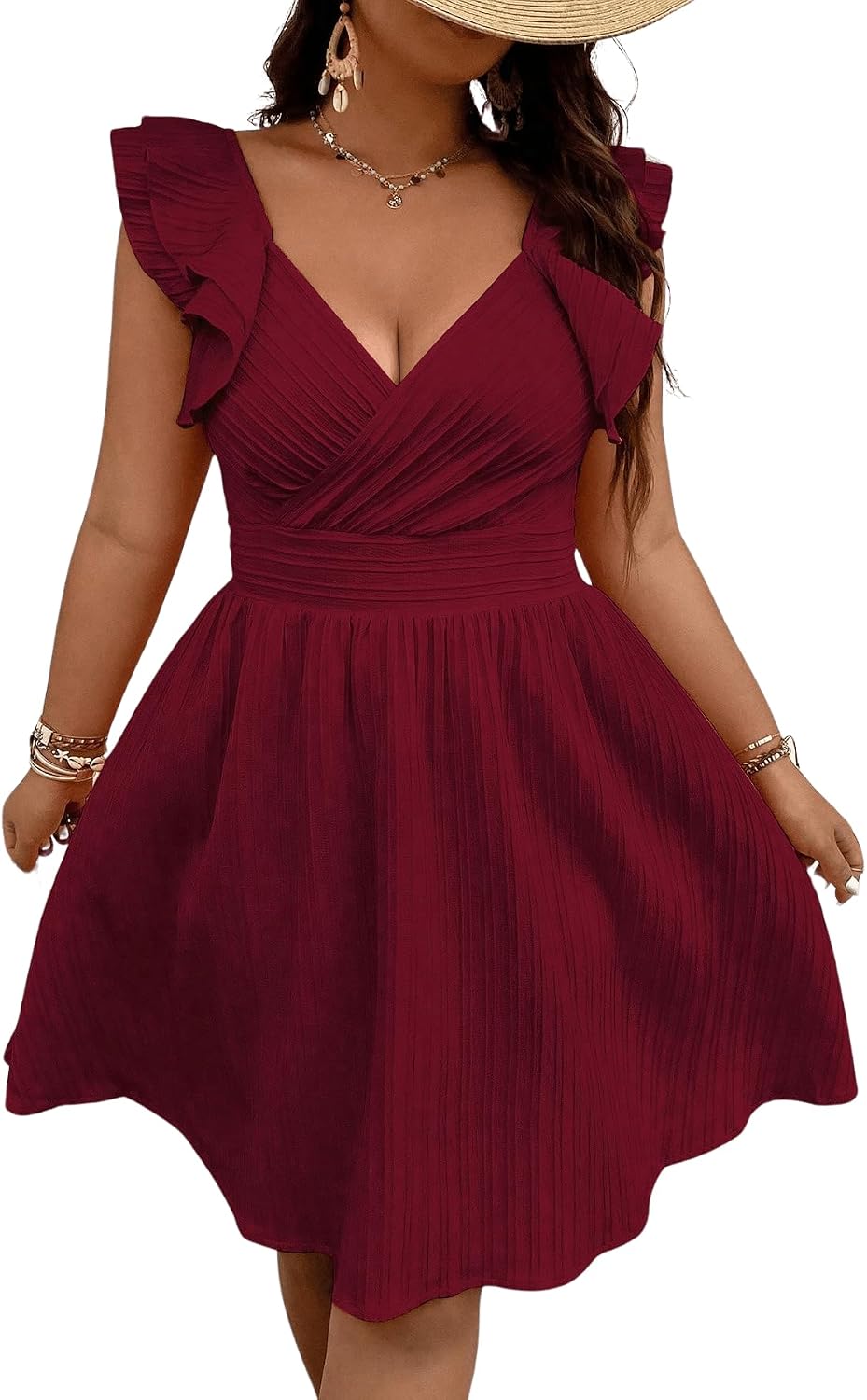 Floerns Women's Plus Size Wrap Front Sweetheart Neck Ruffle Cap Sleeve A Line Dress